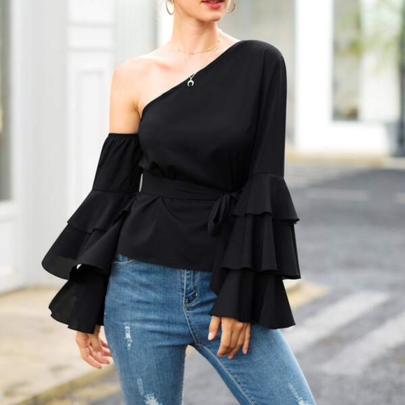 Navy Blue Boho Black Off Shoulder Ruffle Sleeve High Low Top - Picture 6 of 7